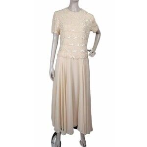 Vintage 80s 90s Creme Chiffon Tiered Scalloped Edge Beaded Sequined Dress India